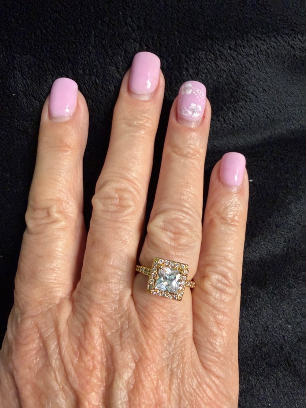 GOLD ELECTROPLATED SQUARE HALO CUBIC ZIRCONIA SOLITAIRE ENGAGEMENT RING SIZE 6
